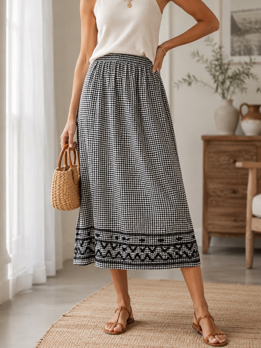 Old Navy Black and White Gingham Midi Skirt with Embroidered Hem Size L